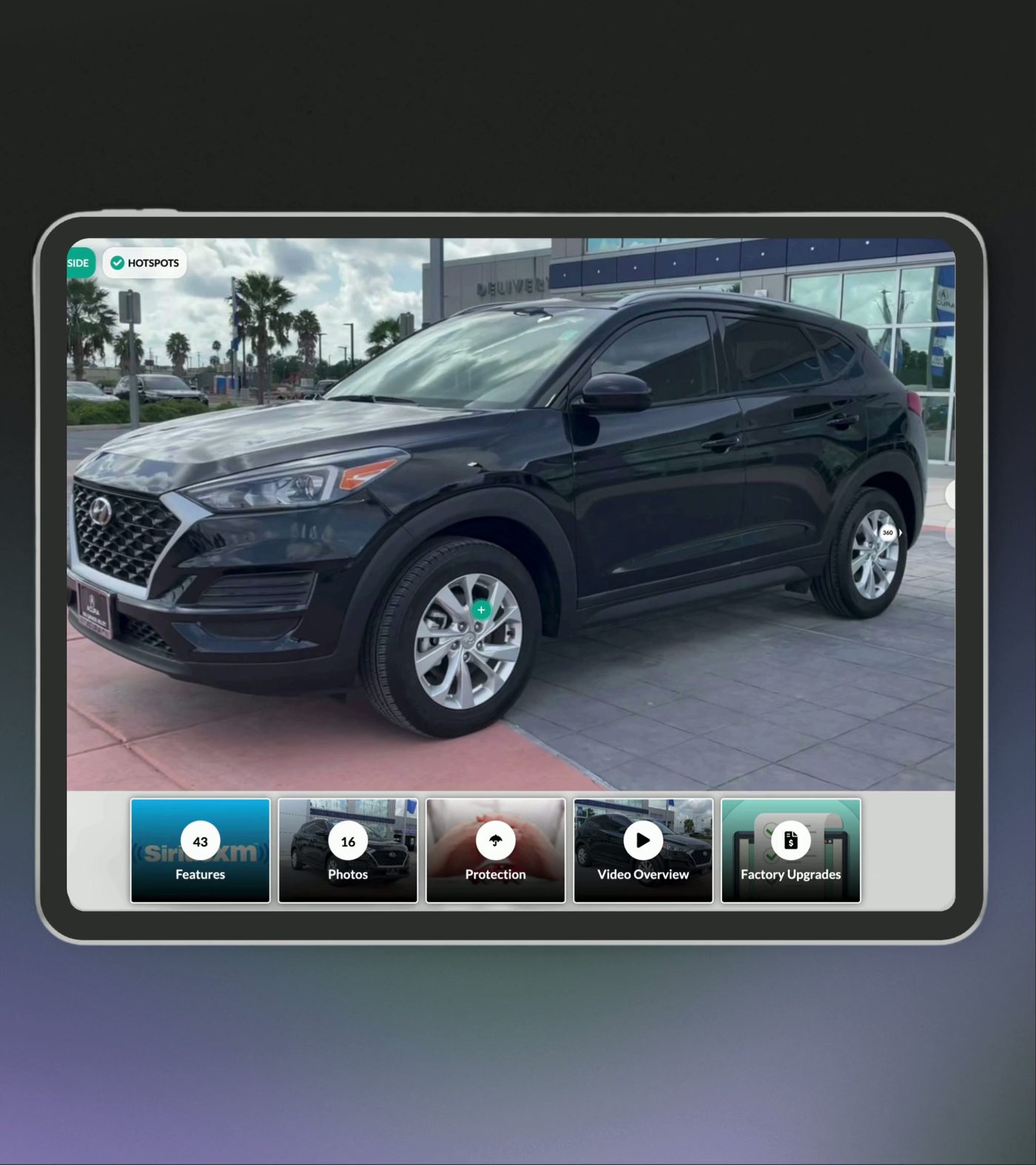 Tablet showing a vehicle detail page with 360 hotspots on a Hyundai SUV.