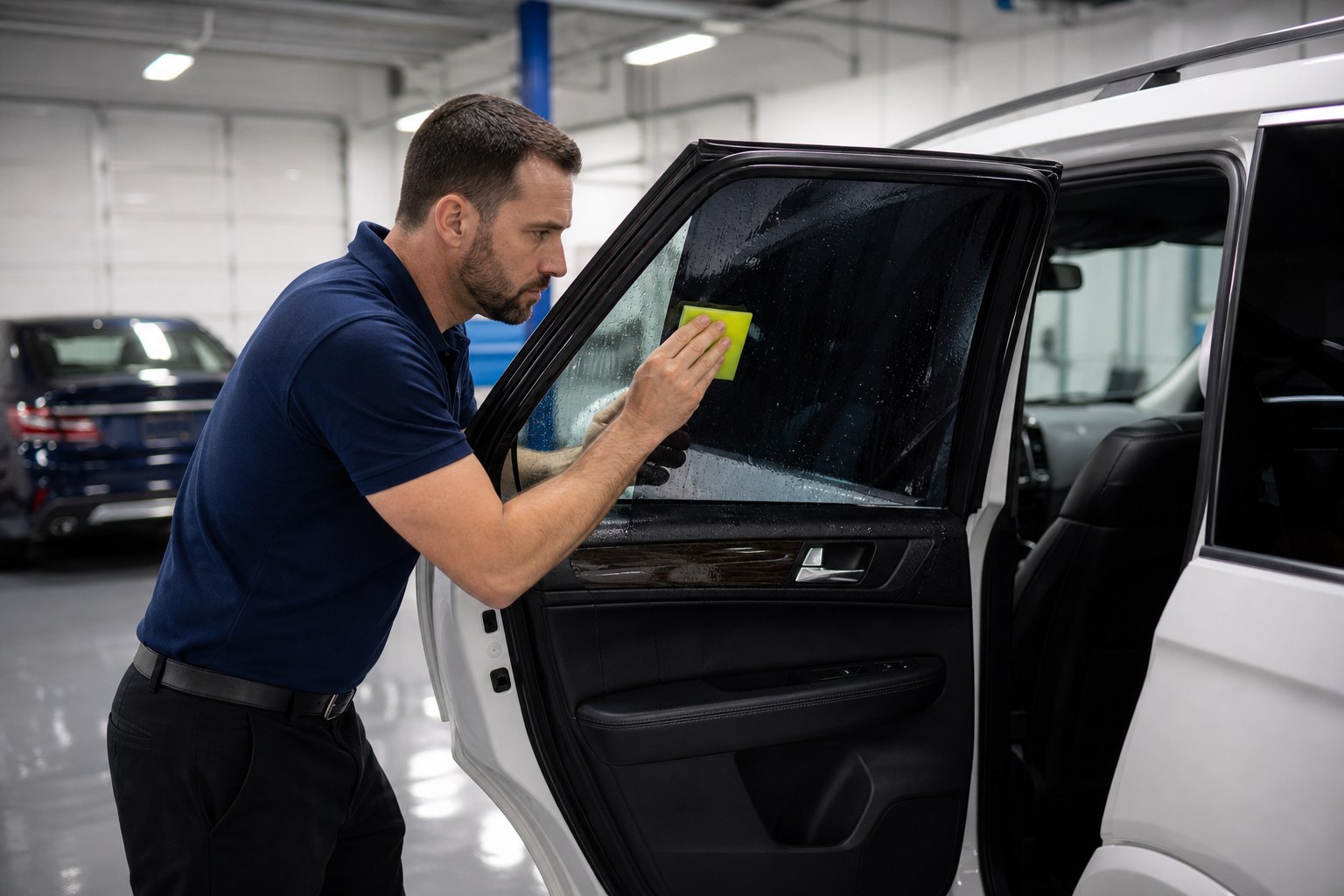 Installer in a navy polo squeegeeing dark window tint onto an SUV side window.